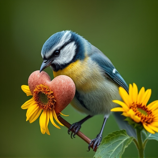 Blue tit holding sunflower heart in beak