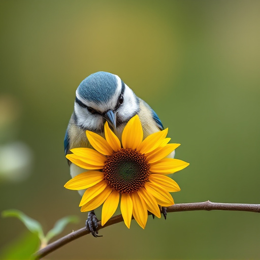 Blue tit holding sunflower heart in beak
