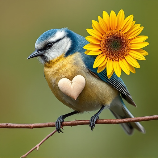 Blue tit holding sunflower heart in beak
