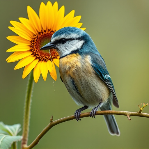 Blue tit holding sunflower heart in beak