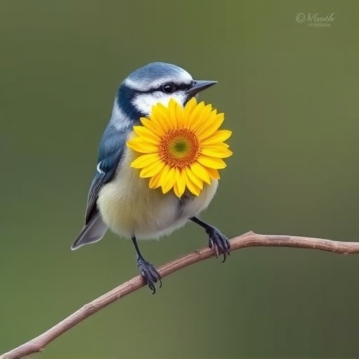 Blue tit holding sunflower heart in beak