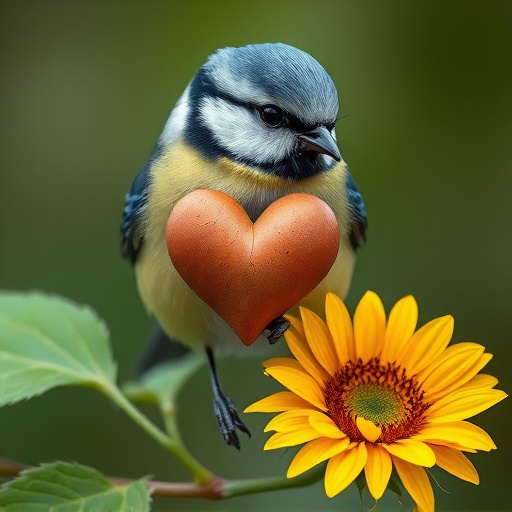 Blue tit holding sunflower heart in beak