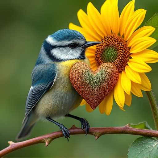 Blue tit holding sunflower heart in beak