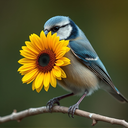 Blue tit holding sunflower heart in beak