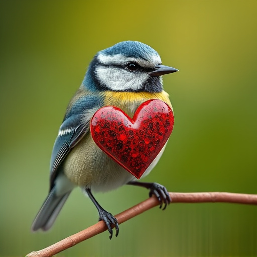 Blue tit holding sunflower heart in beak