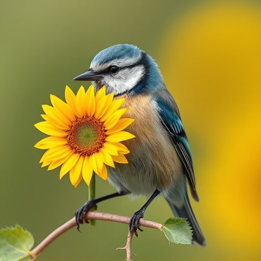 Blue tit holding sunflower heart in beak