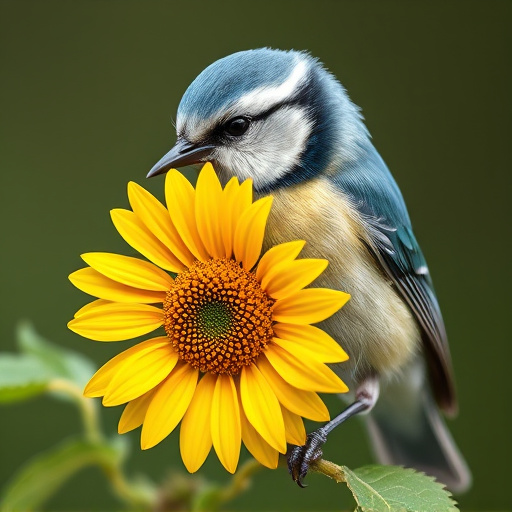 Blue tit holding sunflower heart in beak