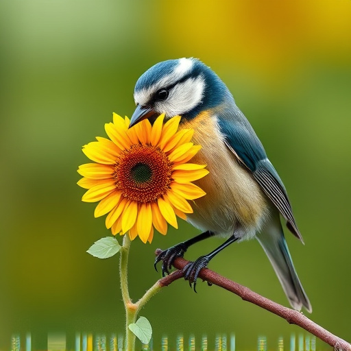 Blue tit holding sunflower heart in beak