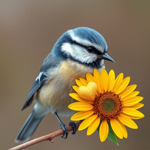 Blue tit holding sunflower heart in beak