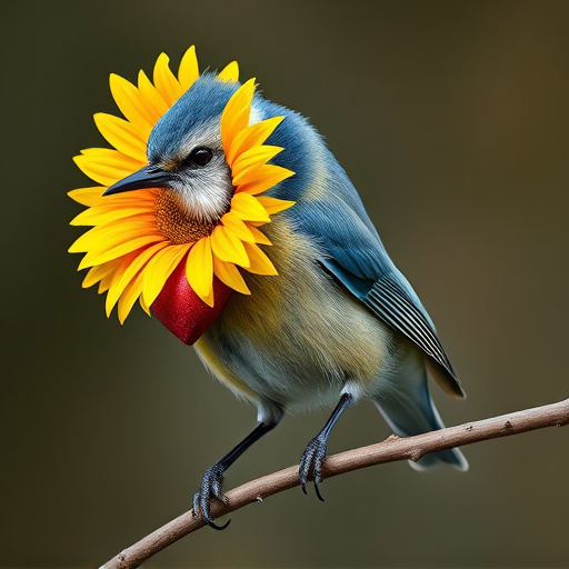 Blue tit holding sunflower heart in beak