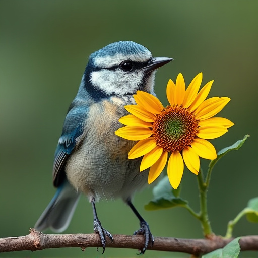 Blue tit holding sunflower heart in beak