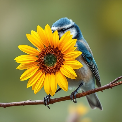 Blue tit holding sunflower heart in beak
