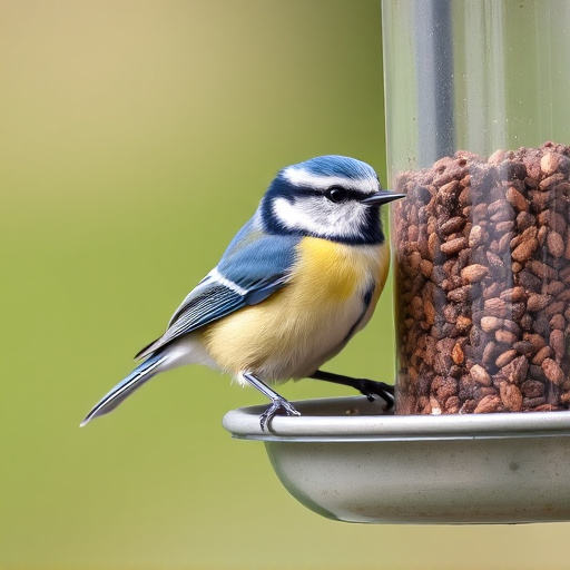 Blue tit perched on hanging feeder