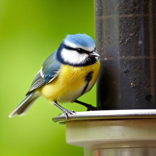 Blue tit perched on hanging feeder