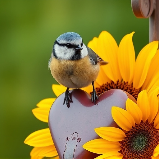 Blue tit perched on sunflower heart feeder