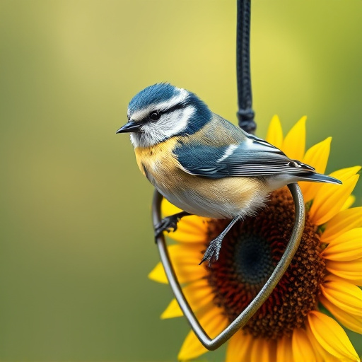 Blue tit perched on sunflower heart feeder