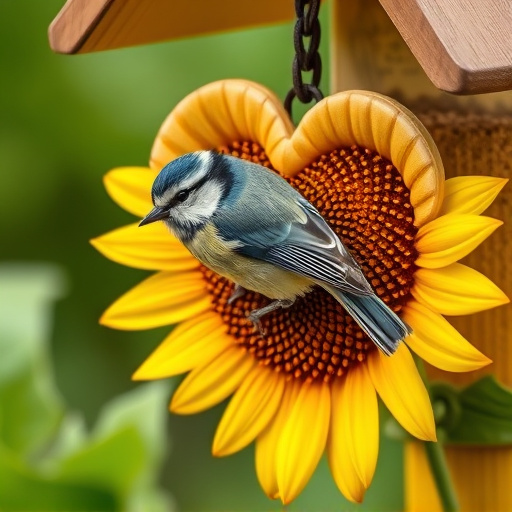 Blue tit perched on sunflower heart feeder