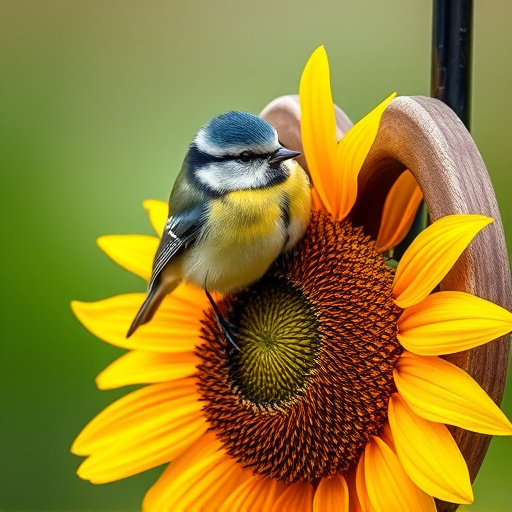 Blue tit perched on sunflower heart feeder