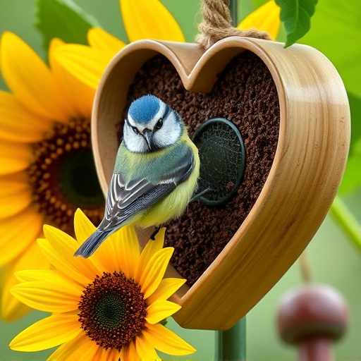 Blue tit perched on sunflower heart feeder