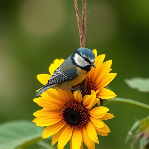 Blue tit perched on sunflower heart feeder