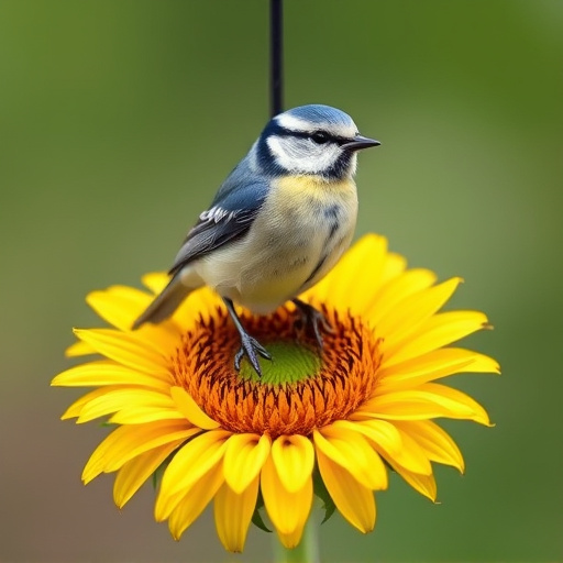 Blue tit perched on sunflower heart feeder
