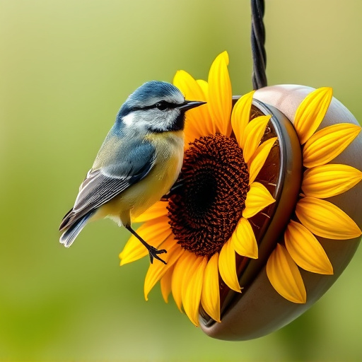 Blue tit perched on sunflower heart feeder