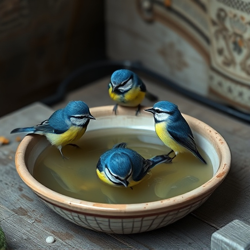 Blue tits bathing in shallow ceramic bowl