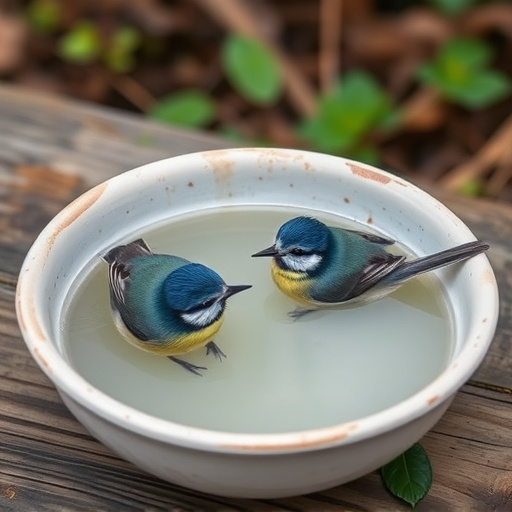 Blue tits bathing in shallow ceramic bowl