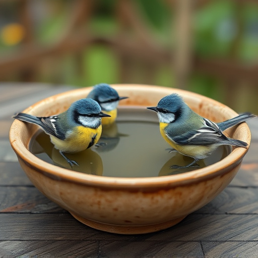 Blue tits bathing in shallow ceramic bowl