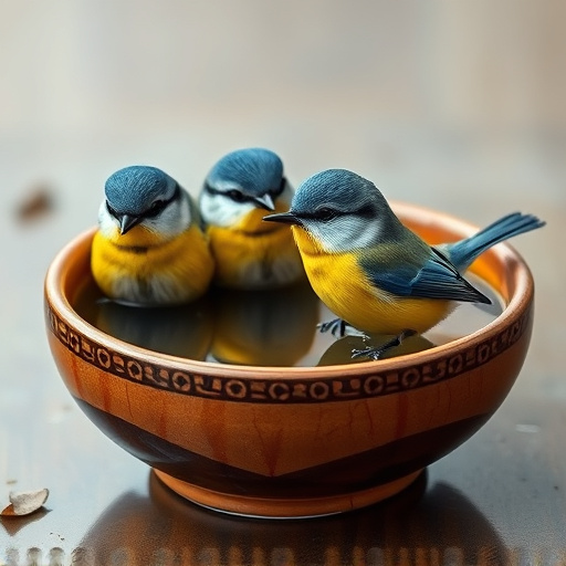 Blue tits bathing in shallow ceramic bowl
