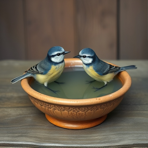Blue tits bathing in shallow ceramic bowl