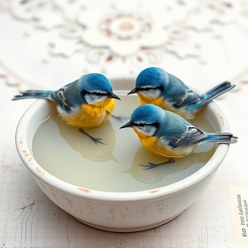 Blue tits bathing in shallow ceramic bowl