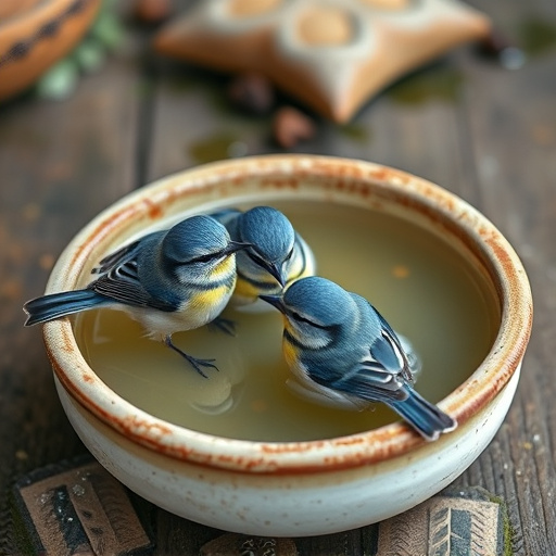 Blue tits bathing in shallow ceramic bowl
