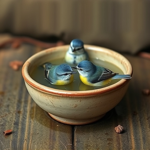 Blue tits bathing in shallow ceramic bowl