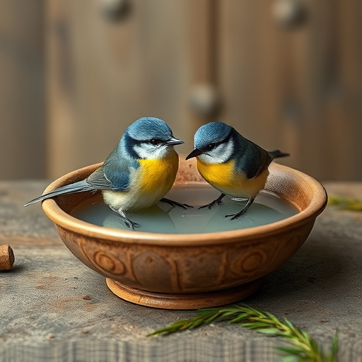 Blue tits bathing in shallow ceramic bowl