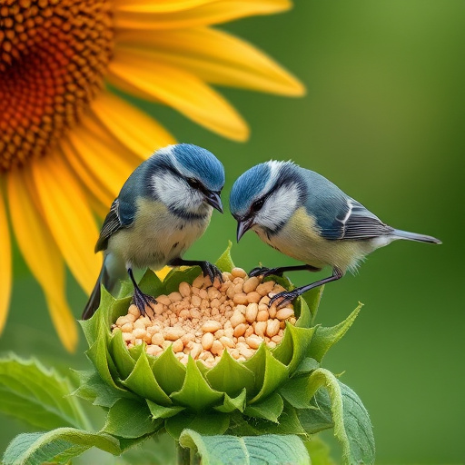 Blue tits feeding on sunflower seeds