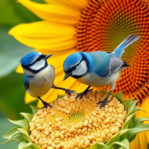 Blue tits feeding on sunflower seeds