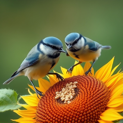 Blue tits feeding on sunflower seeds