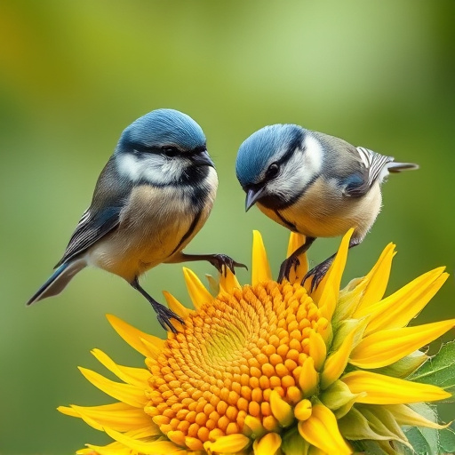 Blue tits feeding on sunflower seeds