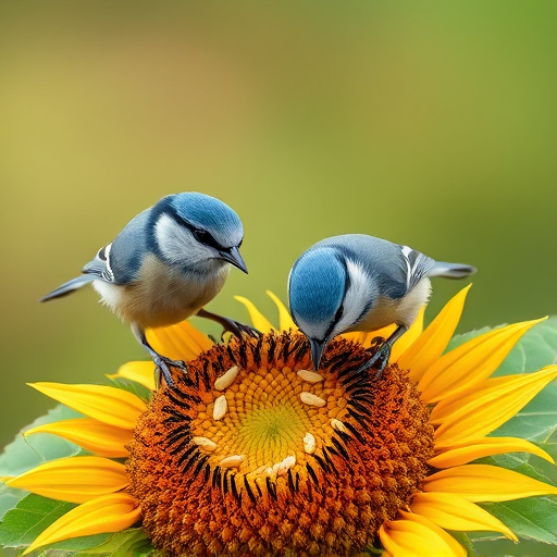 Blue tits feeding on sunflower seeds