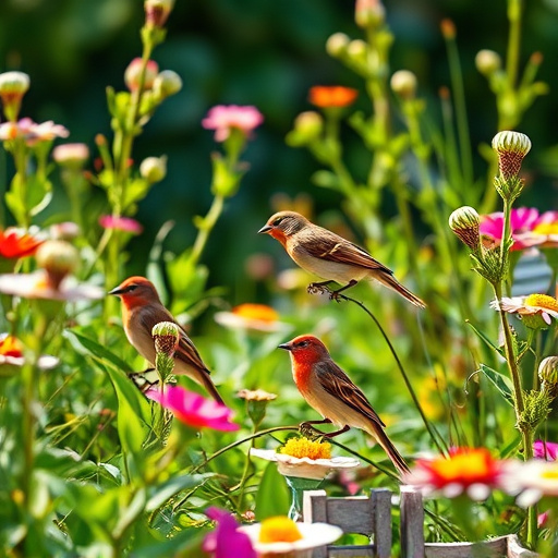Bright garden scene with feeding birds