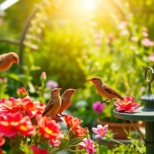 Bright garden scene with feeding birds