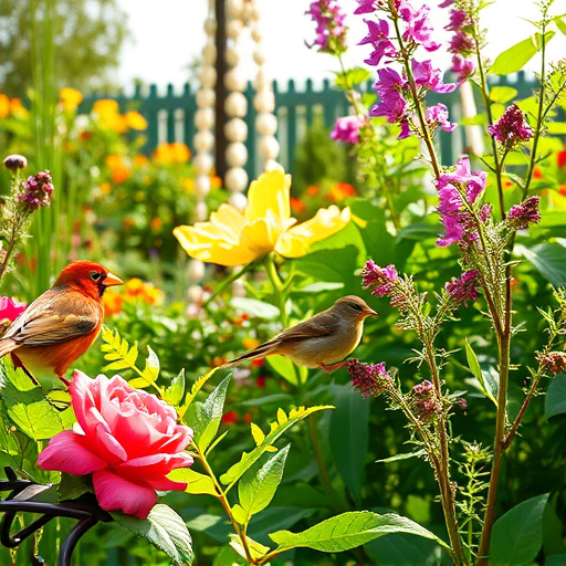 Bright garden scene with feeding birds