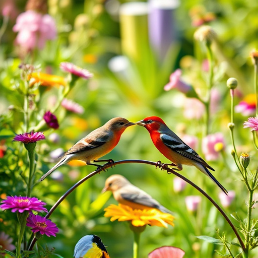 Bright garden scene with feeding birds