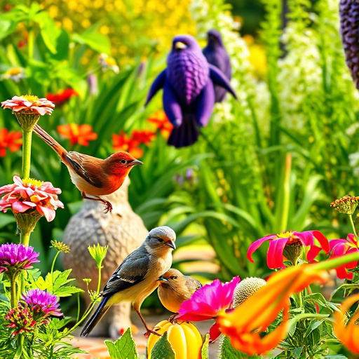Bright garden scene with feeding birds