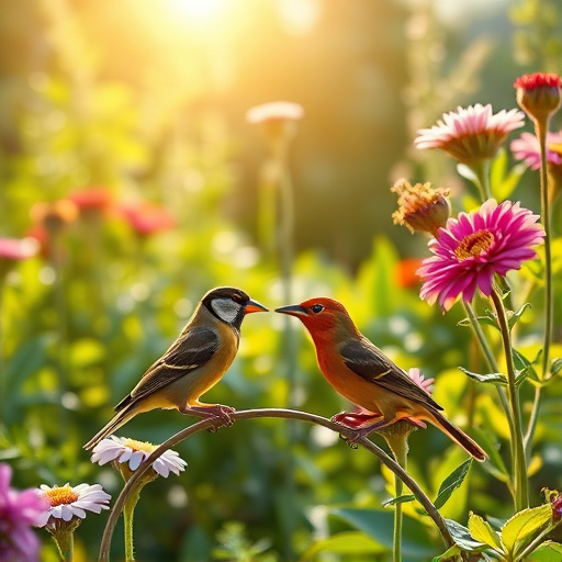 Bright garden scene with feeding birds