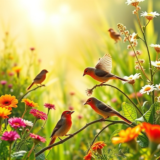 Bright garden scene with feeding birds