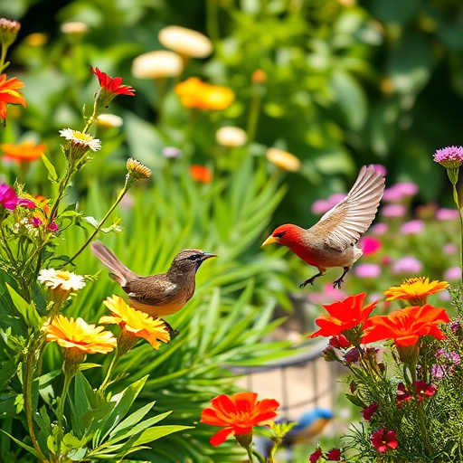 Bright garden scene with feeding birds