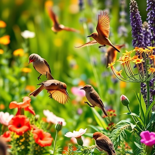 Bright garden scene with feeding birds