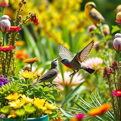 Bright garden scene with feeding birds